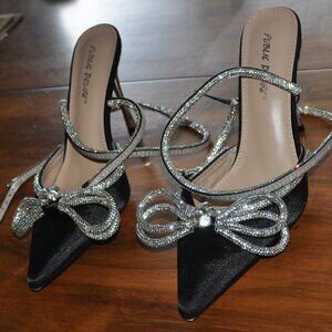 Public Desire Ankle Wrap Crystal Diamante Bow 4" Heels Stilletos Black 7 - 7.5